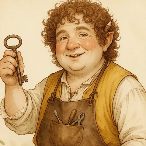 Ritratto ad acquerello di Tobia, un hobbit tuttofare con il panciotto giallo, che alza una grossa chiave di ferro